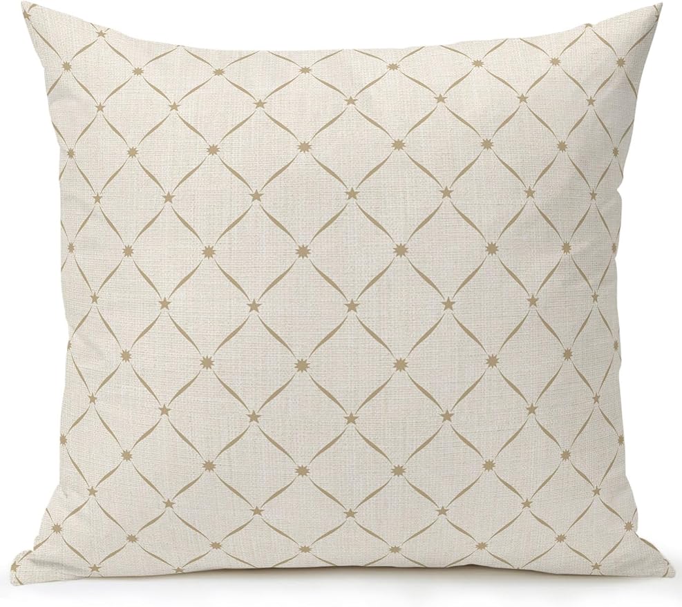 Waterproof Outdoor Pillow 1 Pack Beige Grid Plaid Decorative Throw Pillows Cover & Insert 18x18 Inch Pillowcase Diagonally Crossed Lines Pillows for Couch Sofa Bed Patio Furniture Indoor Outdoor