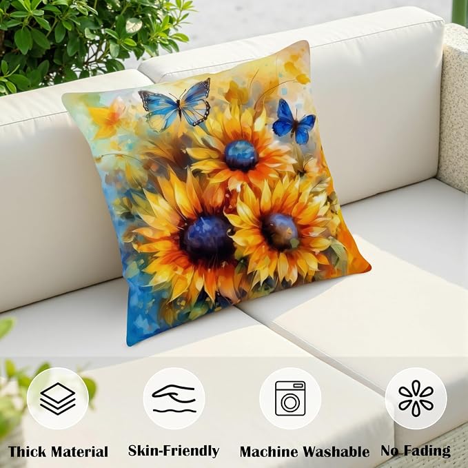 Oil Painting Sunflower Pillow Covers Sun Flower with Butterfly Throw Pillow Covers 22x22 Set of 2 Vintage Pillowcase Double Sided Printing Cushion Case for Home Decor Outdoor Sofa