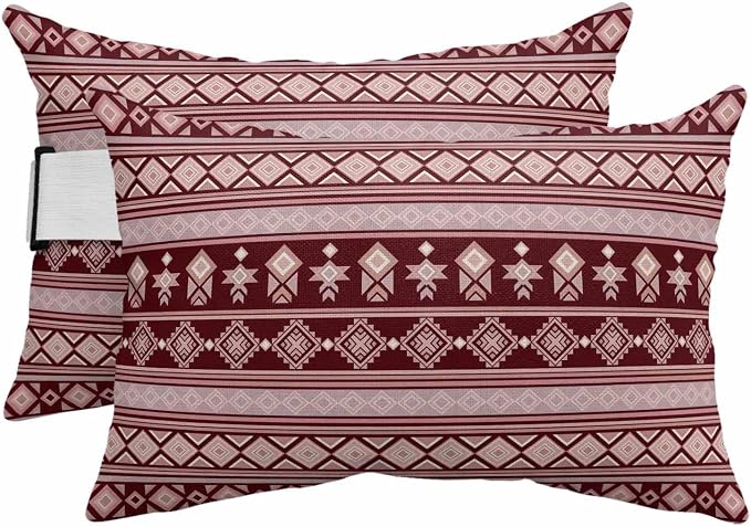 Outdoor Lumbar Pillow Set of 2, Red Boho Striped Waterproof Beach Headrest Pillow with Inserts, Southwestern Ethnic Tribe Vintage Recliner Throw Pillows for Patio Furniture, 11 x 16