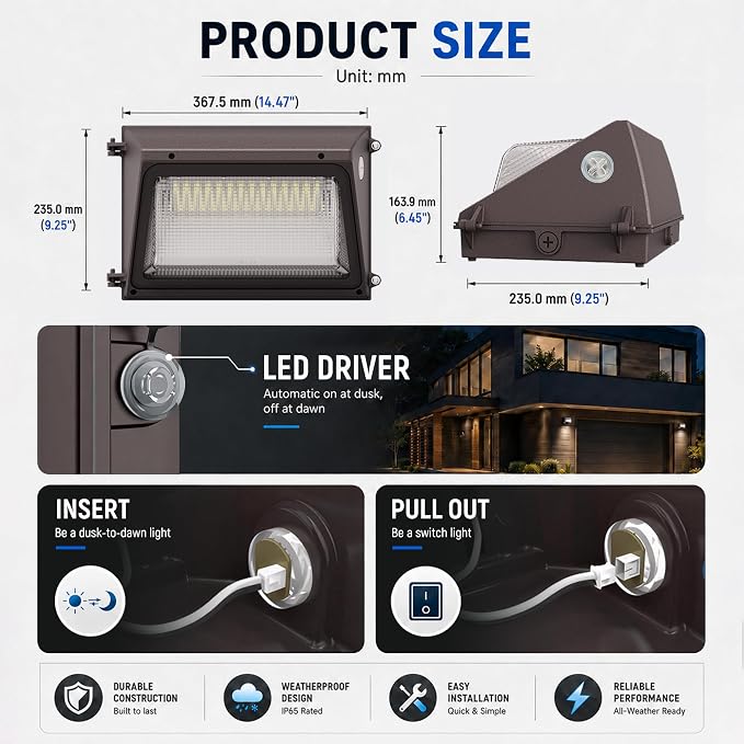 JCE Selectable 60W/90W/100W/120W LED Wall Pack with Dusk to Dawn Photocell Sensor, Max 18000LM 3-CCT Tunable LED Wall Pack Commercial Security Fixture for Yard Parking (1 Pack)