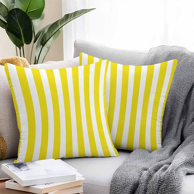 Yellow Striped Outdoor Waterproof Throw Pillow Covers 16x16 Set of 2, Modern Farmhouse Yellow White Stripes Decorative Pillowcases Cushion Pillowcase for Couch Sofa Patio Outside Pillow Protector