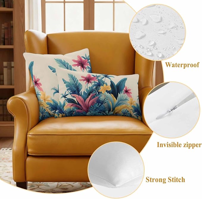 Summer Tropical Leaves Waterproof Outdoor Pillow Covers Set of 2 Home Decor, Farmhouse Botanical Plants Pillowcase Patio Pillow Covers for Couch Bench Furniture Garden 24x24in