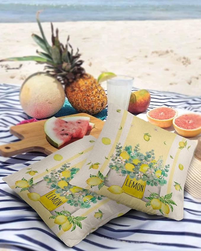 Eucalyptus Leaves Outdoor Pillow Covers Pack of 2, Yellow Stripes Vase Lemon Waterproof Pillow Covers Seasonal Spring Summer Throw Pillowcase for Patio Funiture Garden Tent, 18 x 18 inch