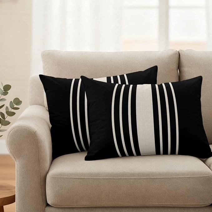 Lumbar Pillow Covers 20x12 Inch Set of 2, Black Beige Striped Waterproof Outdoor Cushion Covers, Modern Farmhouse Retro Lines Decorative Pillowcases for Couch, Sofa, Bed, Garden, Patio
