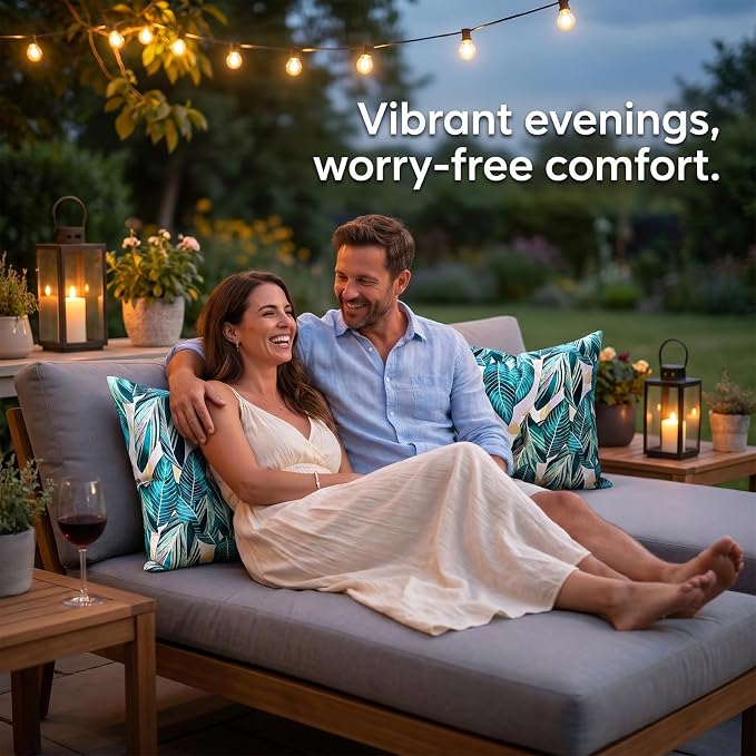 Summer Outdoor Pillow Covers Waterproof Decorative Throw Pillow Covers Green Tropical Leaves Couch Covers 16x16 Set of 2 Square Outdoor Cushion Cases for Patio Furniture Garden Tent Balcony Bench