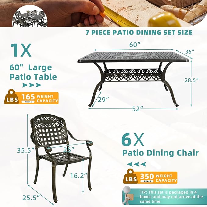 MEETWARM 7-Piece Outdoor Furniture Dining Set, All Weather Cast Aluminum Patio Garden Set with 6 Chairs, 1 Rectangular Table, 2" Umbrella Hole, Dark Bronze