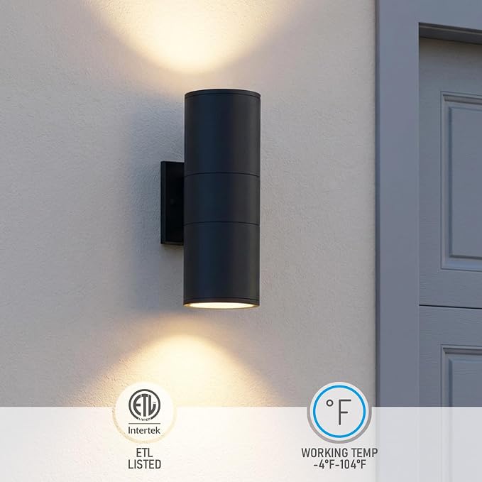 LEONLITE 2-Pack 12" Outdoor Cylinder Wall Light, Up and Down, E26 Base | Modern Porch Patio Lights, Waterproof Wall Sconce, Exterior Light Fixture Wall Mount, Aluminum, Matte Black, ETL Listed