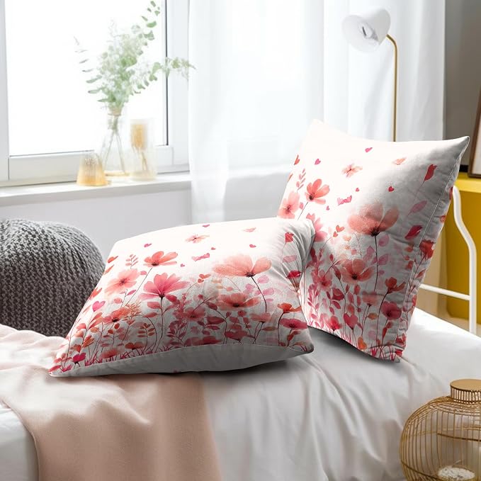 Floral Throw Pillow Covers 20x20 Inch – Pack of 2 Pink Flowers Leaves and Butterfly Pattern Spring Cotton Pillowcases for Couch Sofa Chair Bed Porch Wedding Party Home Decor