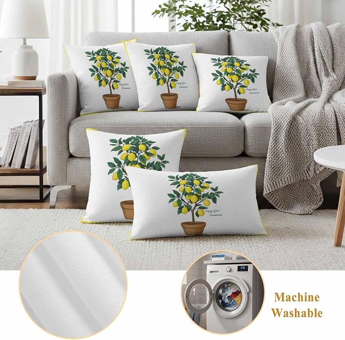 Summer Yellow Lemons Outdoor Waterproof Pillow Covers Set of 2, Green Leaf Botanical Garden Frame Pillowcase Decorative Throw Cushion Cases for Patio Garden Couch 18 x 18 Inches