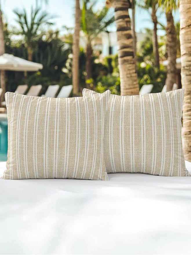 Waterproof Outdoor Pillow Set of 2 Beige Linen Striped Decorative Throw Pillows Cover & Insert 18x18 Inch Pillowcase Vertical Stripes Lines Pillows for Couch Sofa Bed Patio Furniture Indoor Outdoor