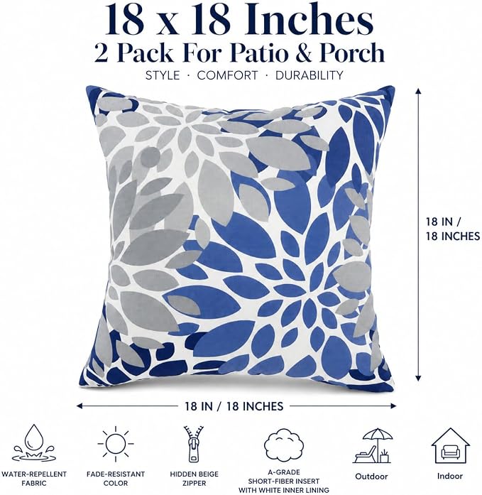 Outdoor Pillows Waterproof 18×18 Inch Decorative Throw Pillows with Inserts | Set of 2 Fade Resistant Outdoor Square Patio Pillows for Coach Couch Sofa Patio Furniture
