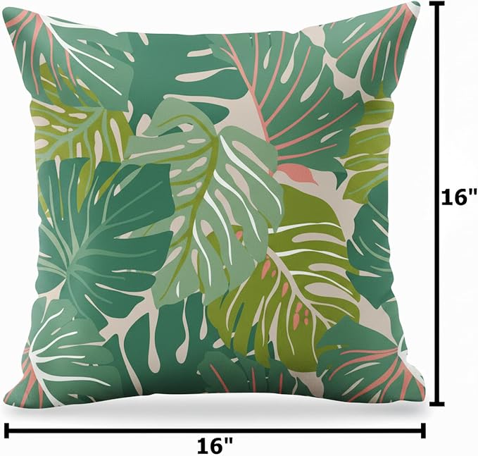 16 x 16 Inch Tropical Monstera Outdoor Pillow, Green Waterproof Patio Throw Cushion for Porch Furniture, Fade Resistant Square Decorative Pillow with Reversible Design