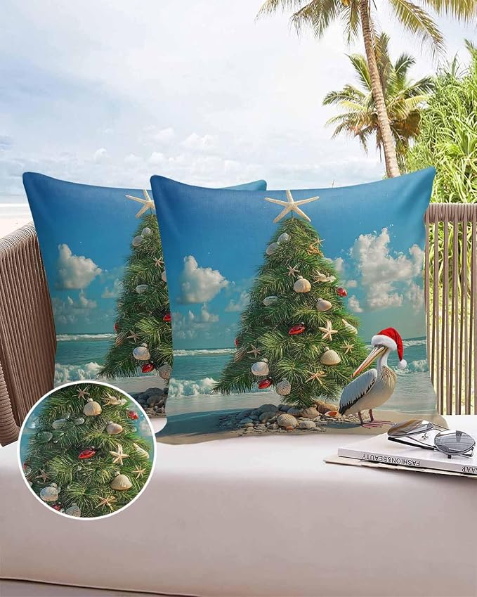 Christmas Outdoor Throw Pillows Covers 24x24 inch Set of 2 Waterproof Christmas Tree Decorative Zippered Cushion Covers for Patio Furniture, Pelican Starfish Shell Beach Wave Lumbar Pillowcases