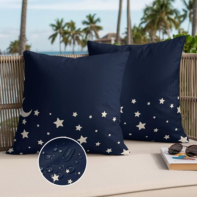 Stars Moon Waterproof Outdoor Pillow Covers Set of 2 Home Decor, Starry Night Navy Blue Pillowcase Patio Pillow Covers for Couch Bench Patio Furniture Garden 26x26in