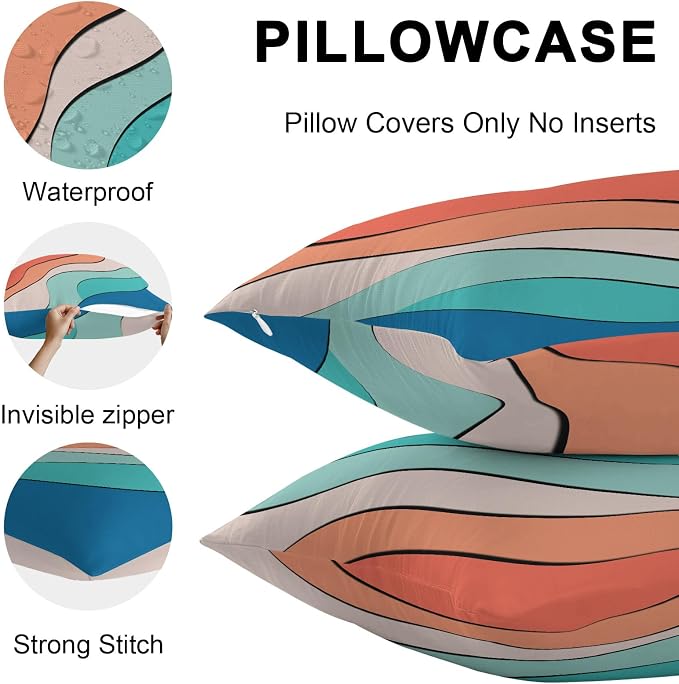 Orange Teal Ombre Outdoor Pillow Covers 20x12 Inch Lumbar Pillow Covers Set of 2 Waterproof Decorative Throw Pillow Cases Modern Moire Abstract Art Cushion Covers for Patio Furniture Garden Couch Sofa