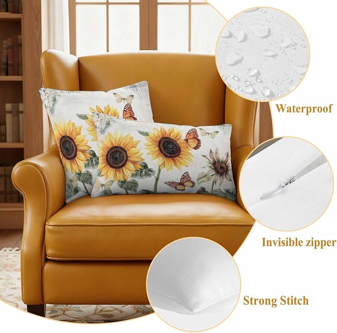 Sunflower Outdoor Waterproof Throw Pillow Covers Set of 2, 18"x18", Farmhouse Rustic Retro Summer Floral Butterfly Decorative Pillow Covers Outside Cushion Case for Patio Porch Garden