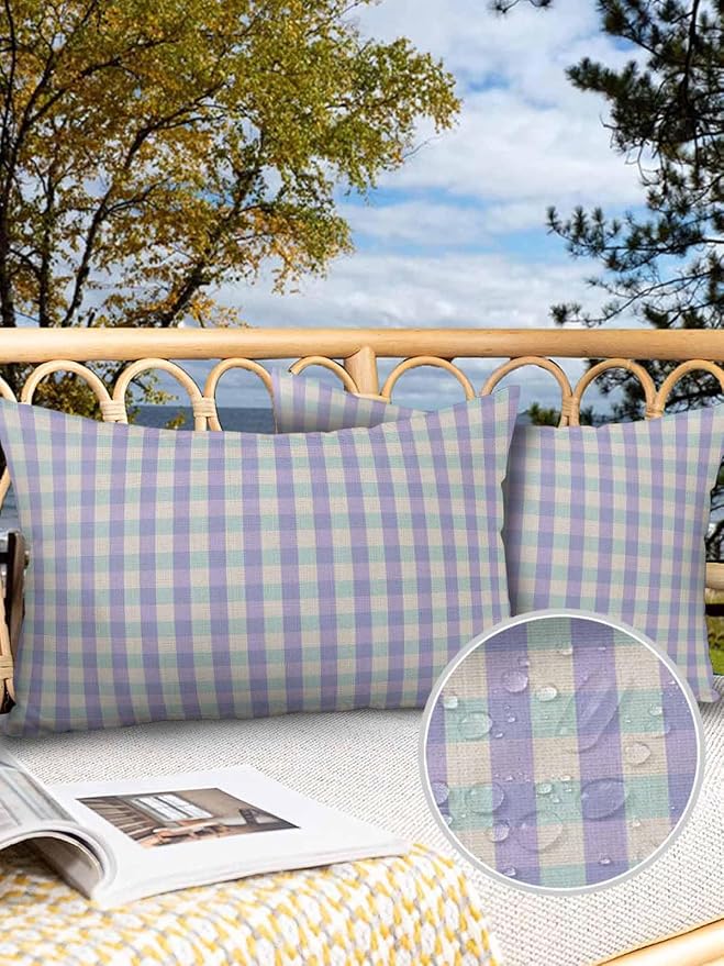 Outdoor Waterproof Throw Pillow Covers Set of 2 Purple Buffalo Plaid Lumbar Pillowcases 20x12 Inches Linen Classic Checked Patio Decorative Pillows Cushion Case Patio Pillows for Couch Bed Garden