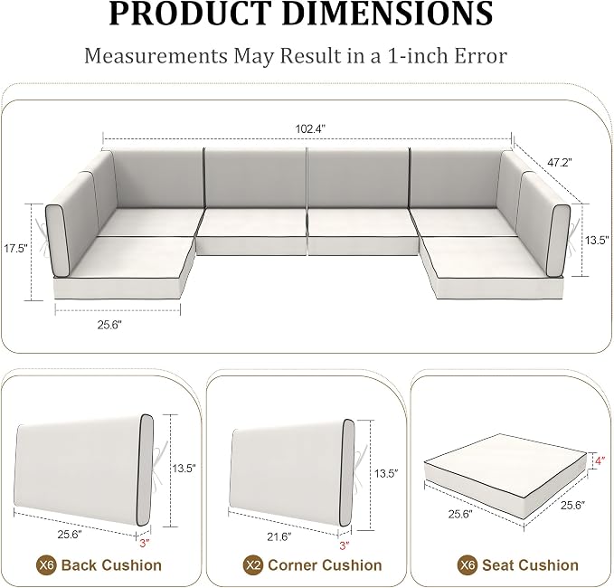 14pc Waterproof Outdoor Couch Cushions for 6 Seat Patio Cream+Black Piping | Water-resistant, UV-resistant,14pc High-Density Foam Replacement Cushions for 6-Seat Outdoor Sectional Furniture