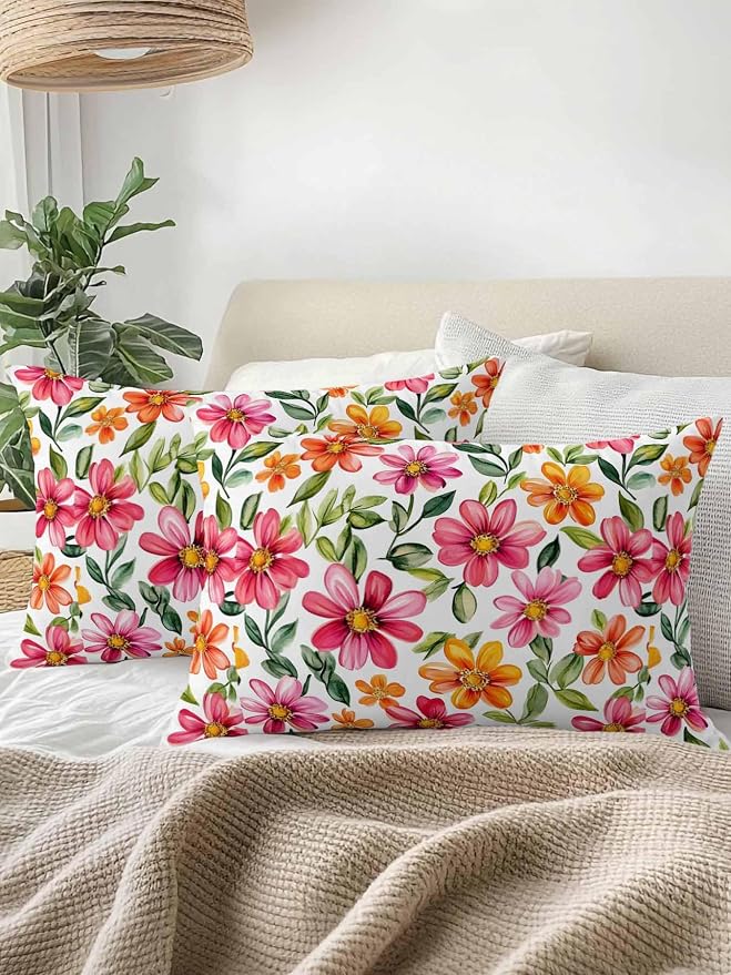 Outdoor Waterproof Throw Pillows Spring Watercolor Wild Flower Patio Pillows Pack of 2,Decorative Pillow Covers with Insert,Pillow Cushion Case for Garden Couch Sofa Country Small Pink Flower