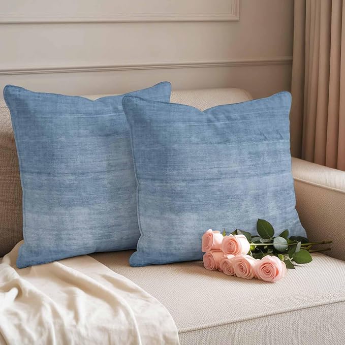 Vandarllin Outdoor Throw Pillows Covers 18x18 inch Set of 2 Waterproof Blue Linen Decorative Zippered Cushion Covers for Patio Furniture, Solid Color Texture Lumbar Pillowcases