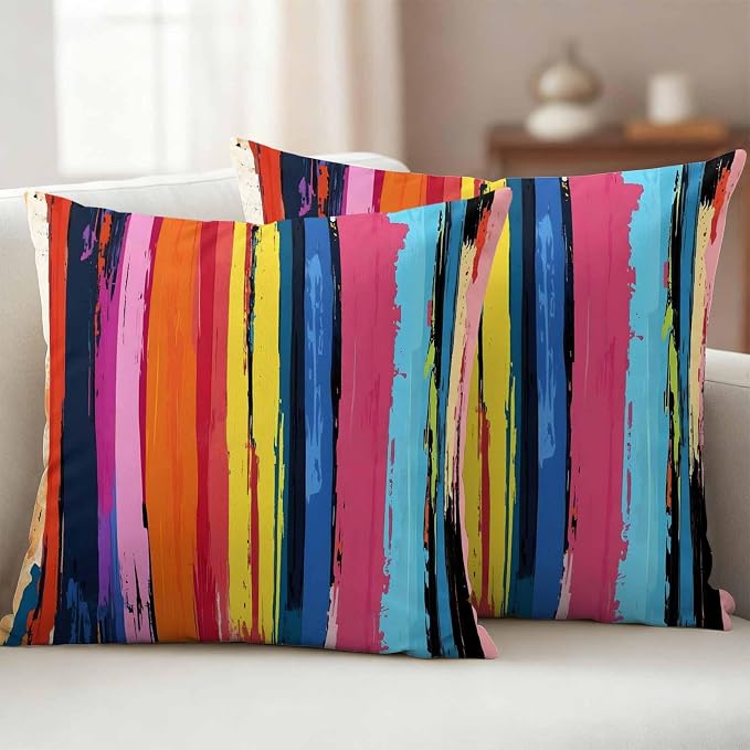 Rainbow Stripe Graffiti Outdoor Pillow Covers Set of 2 Oil Painting Striped Modern Art Waterproof Throw Pillow Cover Decorative Cushion Cases for Patio Porch Garden 16X16 Inch