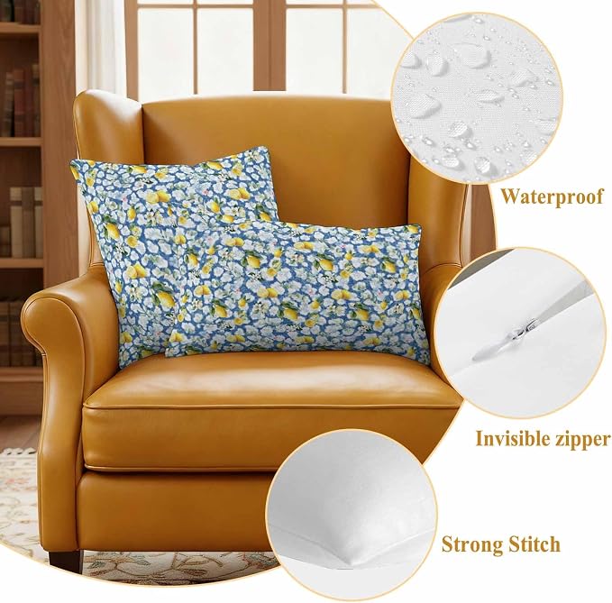 Yukro Summer Lemon Outdoor Waterproof Pillow Covers Pack of 2, Yellow Fruit White Flowers Country Plant Blue Throw Pillowcases Decorative Cushion Covers for Garden Patio Tent Sofa Couch, 26x26 inch