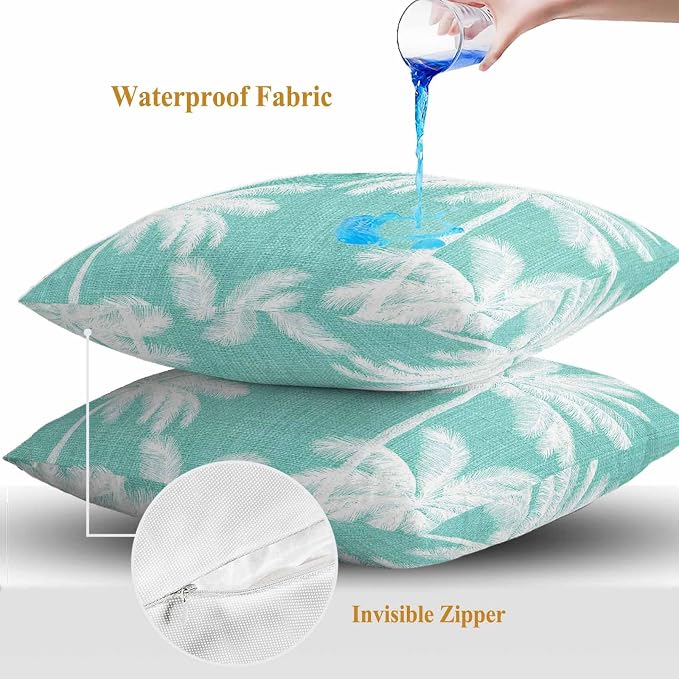 Outdoor Pillow Covers 26x26 Inch Set of 2, Teal Palm Trees Waterproof Throw Pillow Covers, Farmhouse Tropical Summer Beach Decorative Cushion Pillowcases for Couch, Sofa, Bed, Garden, Patio