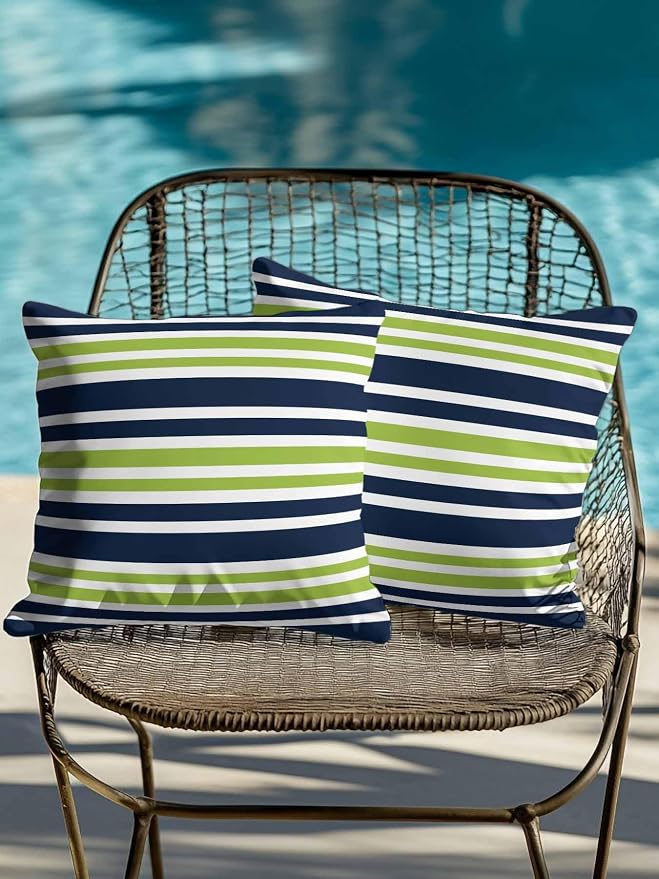 Outdoor Waterproof Throw Pillows Navy Blue Green Stripe Patio Pillows Pack of 2,Decorative Pillow Covers with Insert,Pillow Cushion Case for Garden Couch Sofa White Line
