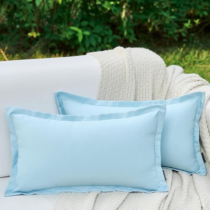 LIGICKY Light Blue Outdoor Lumbar Pillows Waterproof Pillow Covers 12x20 Inch Pack of 2 Decorative Rectangle Solid Color Pillows with Wide Edge Cushion Cover for Patio Tent Garden Couch Balcony