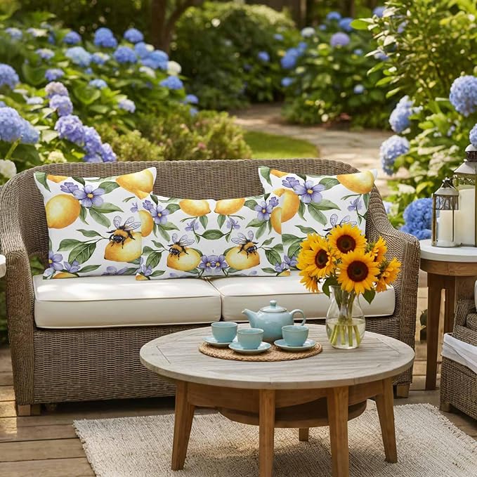 Summer Lemon Waterproof Outdoor Pillow Covers Set of 2 Home Decor, Watercolor Purple Spring Floral Bee Pillowcase Patio Pillow Covers for Couch Bench Furniture Garden 18x18in
