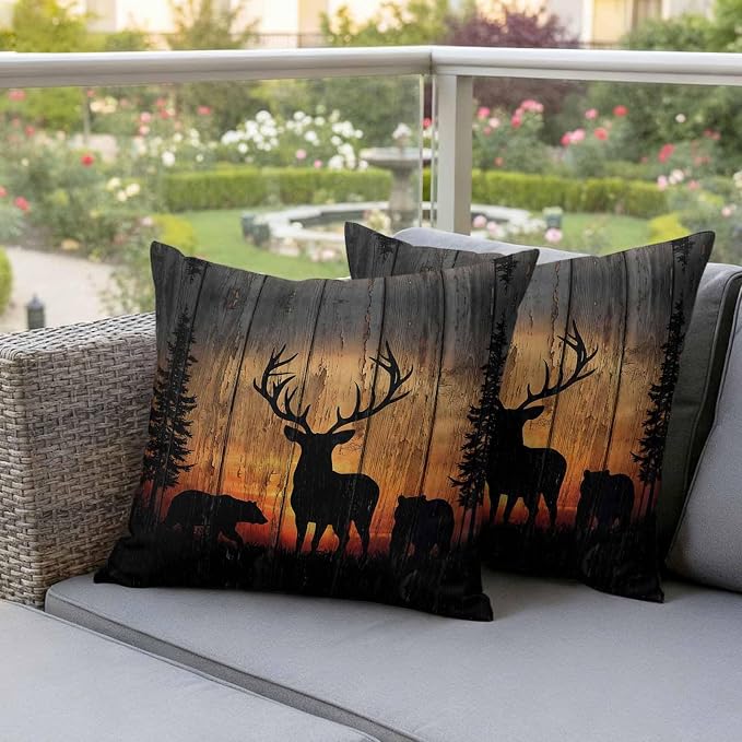 Yukro Wildlife Scene Outdoor Waterproof Pillow Covers Pack of 2, Nature Deer Bear Pine Trees Silhouette Sunset Throw Pillowcases Decorative Cushion Covers for Garden Patio Tent Sofa Couch, 20x20 inch