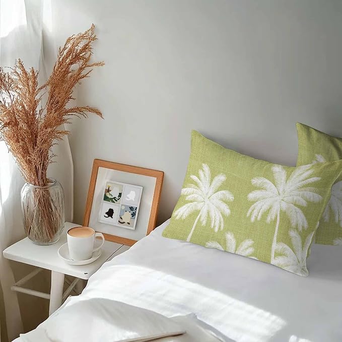 Lumbar Pillow Covers 20x12 Inch Set of 2, Yellow Palm Trees Waterproof Outdoor Pillow Covers, Farmhouse Tropical Summer Beach Decorative Cushion Pillowcases for Couch, Sofa, Bed, Garden, Patio