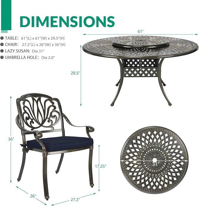 VIVIJASON 9-Piece Patio Furniture Dining Set, Rust-Free Cast Aluminum Outdoor Conversation Set, Include 8 Cushioned Chairs & 61" Round Dining Table with 31" Lazy Susan, Umbrella Hole, Navy Blue