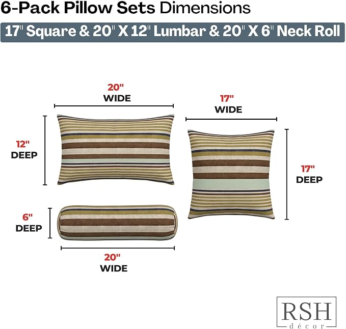 RSH DECOR Set of 6 Outdoor Pillow, Outdoor Pillows for Patio, Pillows w/Polyester Pillow Cases | Water & Fade Resistant Fabric | 17" Square, 20x12 Lumbar, 20x6 Neck Roll - Extend Seaglass