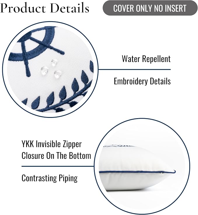 Hofdeco Premium Coastal Patio Indoor Outdoor Throw Pillow Cover Only, 18"x18" Water Repellent for Backyard, Couch, White Embroidered Nautical Yacht Wheel