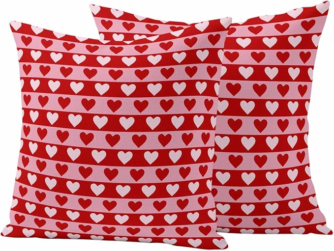 Outdoor Waterproof Throw Pillow Covers, Valentine's Day Decorative Pillow Cases, Romantic Pink Red Love Heart Stripes Couch Pillow Protector Patio Sofa Cushion Covers Replacement 24"x24" 2 Pack