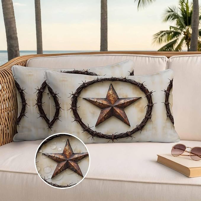 Texas Star Rustic Waterproof Outdoor Pillow Covers Set of 2 Home Decor, Vintage Country Stars Modern Abstract Pillowcase Patio Pillow Covers for Couch Bench Furniture Garden 20x12in