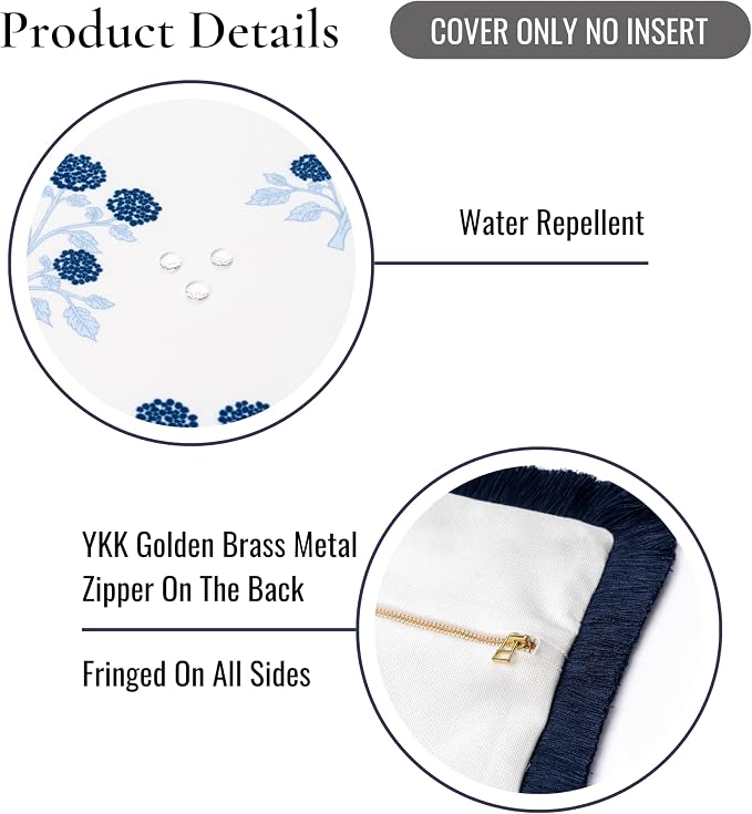 Hofdeco Premium Coastal Hampton Patio Indoor Outdoor Throw Pillow Cover Only, 20"x20" Water Repellent for Backyard, Couch, Poolside, Navy Blue Print Hydrangea Flowers