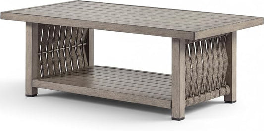 Outdoor Coffee Table, Never Rusts Aluminum Rope Weave Patio Coffee Table, Weatherproof 2-Tier Rectangle Outdoor Patio Table with Adjustable Feet for Garden, Pool, Outside, Decks, Gray Oak