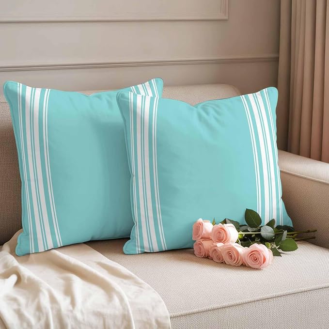 Outdoor Pillow Covers 18x18 Set of 2 Teal Stripes Outdoor Pillows Waterproof Throw Pillow Covers French Stripe Farmhouse Style Pillowcases Decorative Case for Patio Cushion