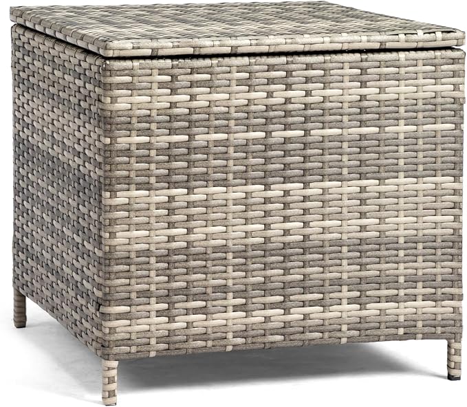 VINGLI Outdoor Side Table with Storage, 27-Gallon Patio Deck Box Outdoor Wicker Side Table for Poolside Balcony Storage Table (Grey, Square)