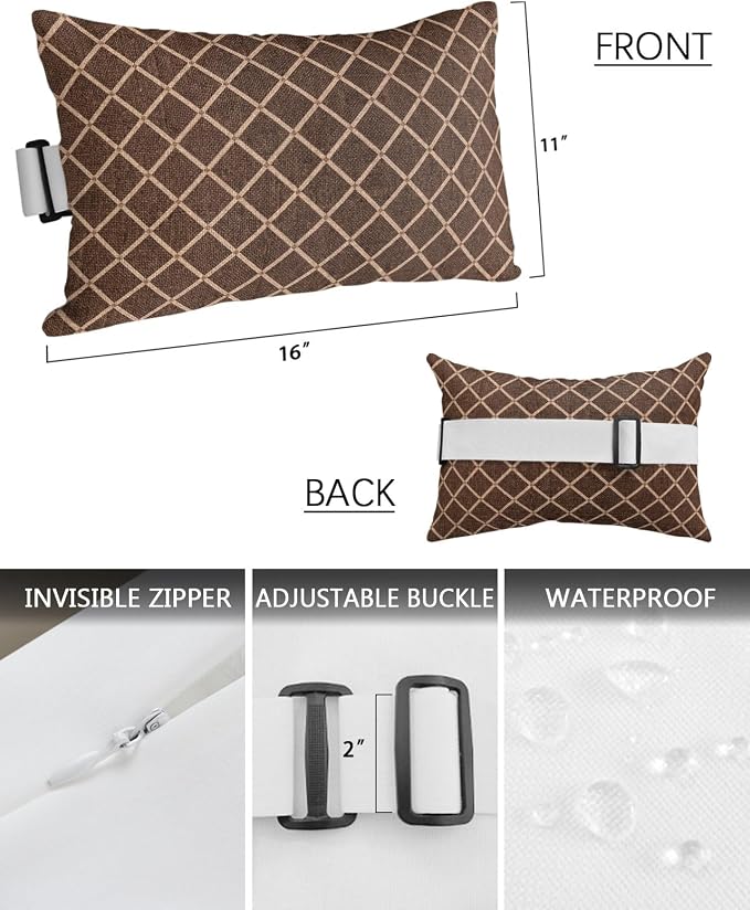Outdoor Pillows Waterproof Covers Set of 2, Tan Diamond Pattern Adjustable Elastic Chaise Lounge Head Resting Pillows, Geometric Plaid Lines Lumbar Pillow for Pool Beach Patio Furniture 11x16 Inch
