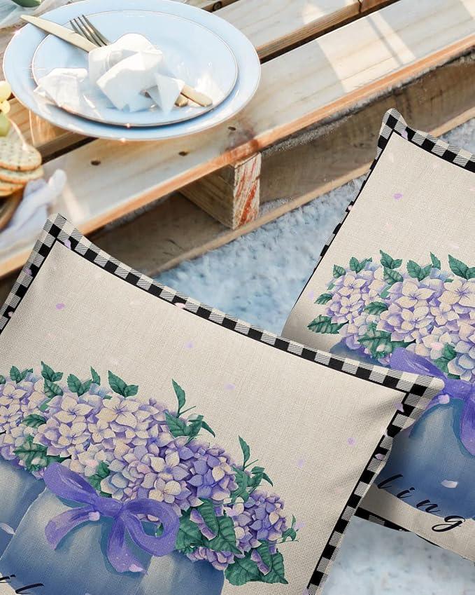 Hydrangea Outdoor Pillow Shams Set of 2, Decorative Pillowcases Cushion Case, Soft Throw Pillow Covers Waterproof Pillow Case 20x20 Inch, Purple Flowers in Jar Black Plaid Unfailing Love