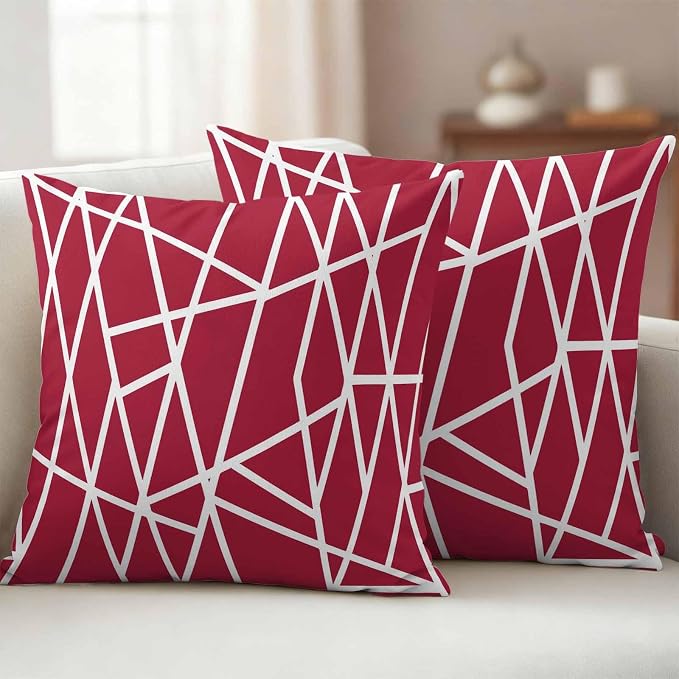 Outdoor Pillow Covers Waterproof, Red Geometric Decorative Square Throw Pillowcases Patio Cushion Covers for Tent/Garden, 18" x 18" 2 Pack, Abstract Stripes Modern Minimalist