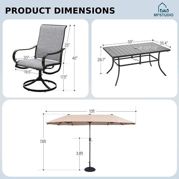 MFSTUDIO Outdoor Dining Set for 6, Patio Furniture Set with Beige Umbrella (Base not Included), Outdoor Metal Table and Light Grey Swivel Chairs Set for Patio, Deck, Backyard, Garden