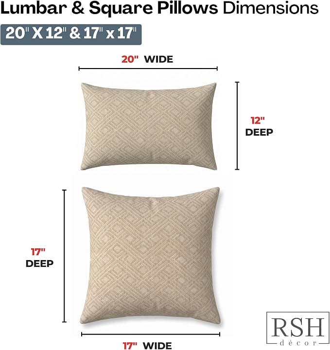 RSH DECOR: Sunbrella Lumbar & Square Pillows Set of 4 | 20" x 12" & 17" x 17" | Water & Fade-Resistant Performance Fabric | Outdoor Throw Pillows for Patio Furniture | Made in USA (Integrated Pewter)