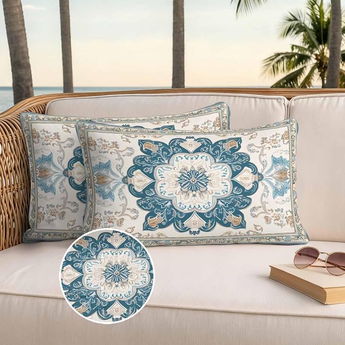 Boho Flowers Waterproof Outdoor Pillow Covers Set of 2 Home Decor, Country Neutral Chic Abstract Floral Art Pillowcase Patio Pillow Covers for Couch Bench Furniture Garden 20x12in