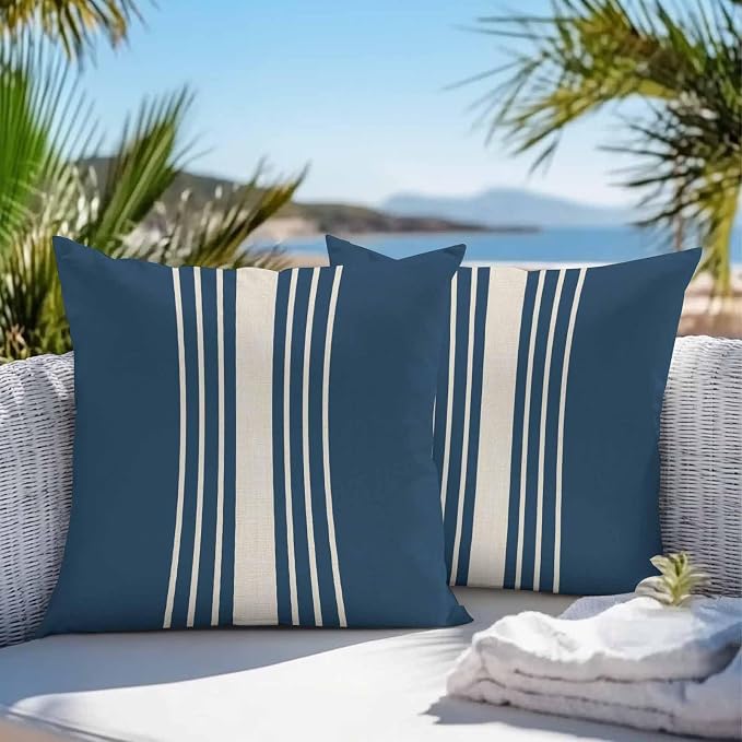 Throw Pillow Covers 20x20 Inch Set of 2, Navy Blue Beige Striped Waterproof Outdoor Cushion Covers, Modern Farmhouse Retro Lines Decorative Pillowcases for Couch, Sofa, Bed, Garden, Patio