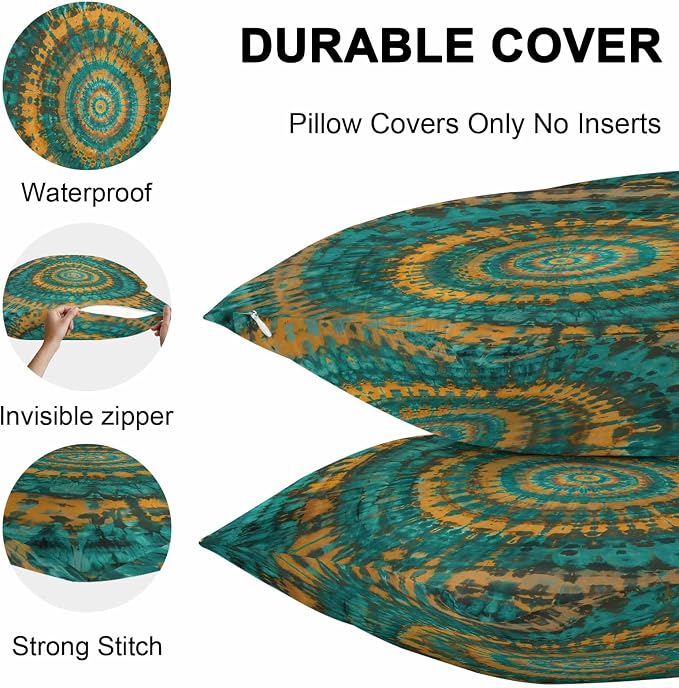Vandarllin Outdoor Throw Pillows Covers 20x12 inch Set of 2 Waterproof Turquoise Yellow Tie-Dye Art Decorative Zippered Cushion Covers for Patio Furniture, Abstract Boho Tribe Lumbar Pillowcases