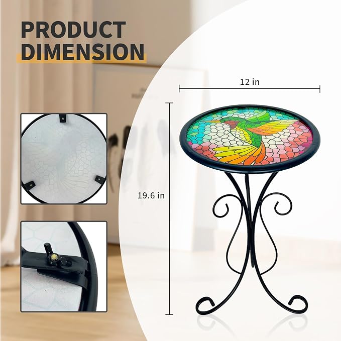 LIFFY Outdoor Side Table, 12" Glass Hummingbird Tabletop Patio Tables with Metal Frame, 21" Height Indoor Small Round Home Decorative Plant Stand Outside for Garden Patio Yard Porch